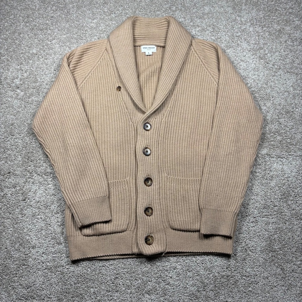 Spier & Mackay Mens Camel Tan 100% Merino Wool Ribbed Shawl Collar Cardigan L